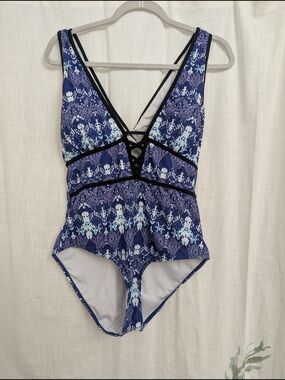 Flatter Me Blue Printed One Piece Swimsuit XL